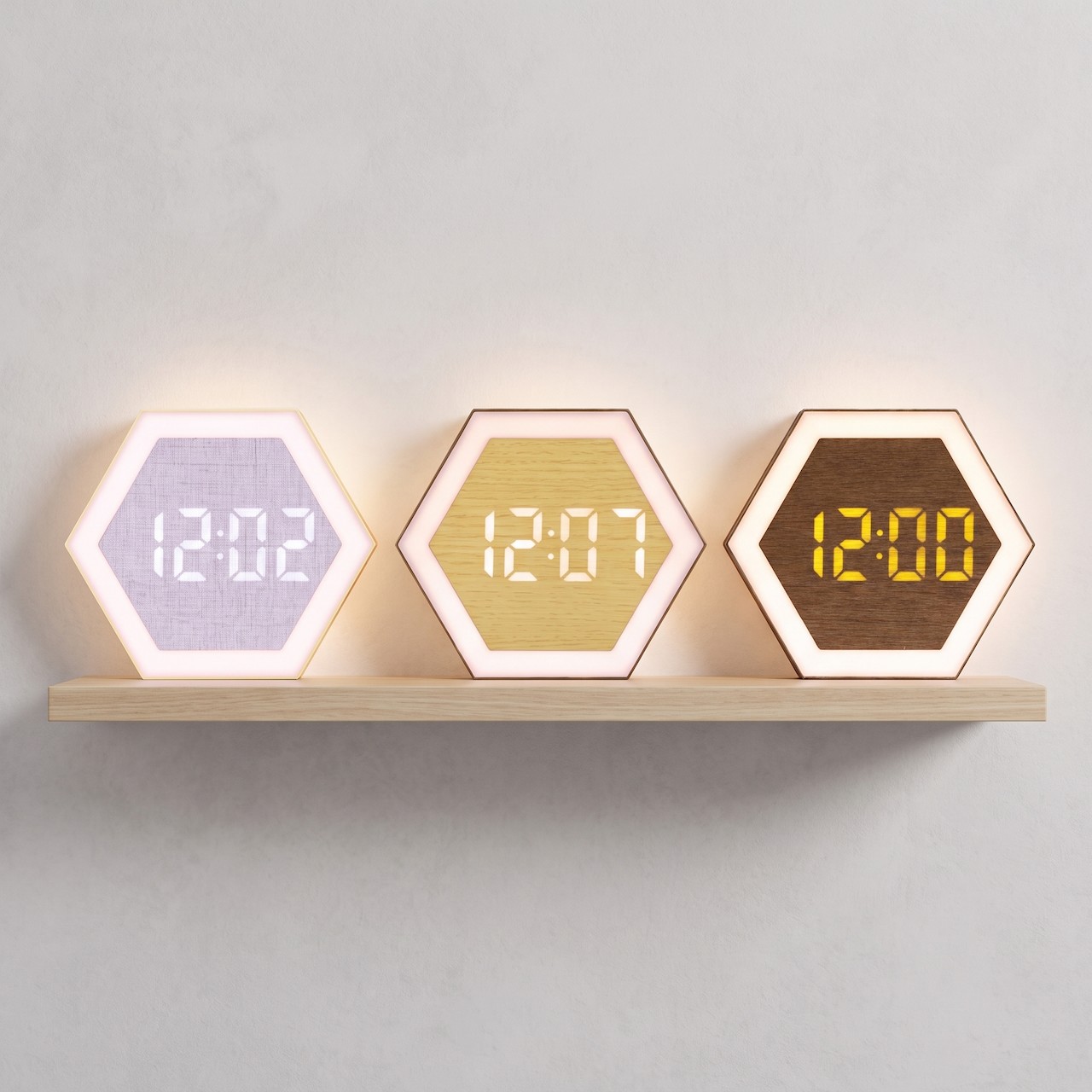 Hexagon LED digital wall clock, minimalist wooden texture electronic display clock for home decor